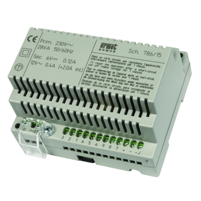 URM ZDROJ 230V 28VA PRO SYSTÉMY DT S ROZLIŠENÝM VYZVÁNĚNÍM INTEGR. RELÉ 6 DIN MOD. 786/15