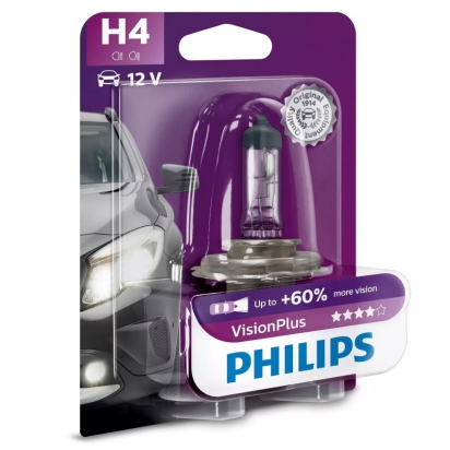 BOR AUTOŽÁROVKA PHILIPS H4 VISIONPLUS 12V 60/55W 1650LM 3250K P43T-38 BL.1KS PHIL-12342VPB