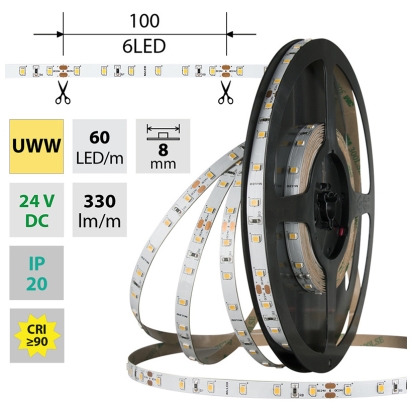 MCLED LED PÁSEK SMD2835 UWW 60LED/M 4,8W/M DC 24V 330LM/M CRI90 IP20 8MM 50M ML-126.833.60