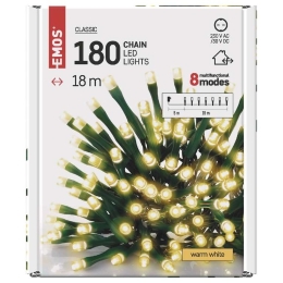 EMOS VÁNOČNÍ OSVĚTLENÍ LED ŘETĚZ 18M 180LED 3,6W 230VAC IP44 PROGRAMY TEPLÁ BÍLÁ ZY2161